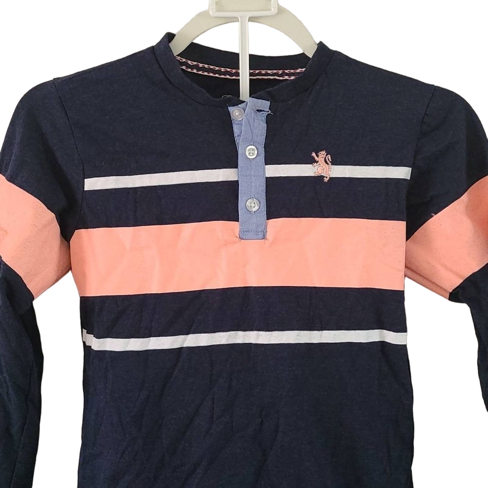 English Laundry Boys Long Sleeve Henley Shirt Size 12 Navy Peach Striped Euc — image 5 of 7